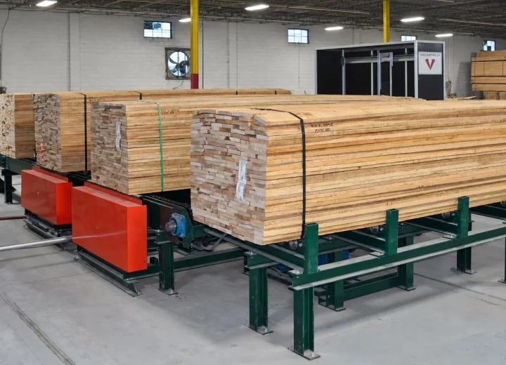 Loaded lumber bundles moving through a VisionTallyHD chain-feed installation