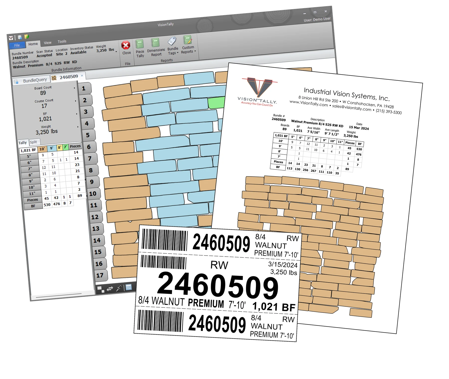 Software screenshot, tally report, and bundle tag